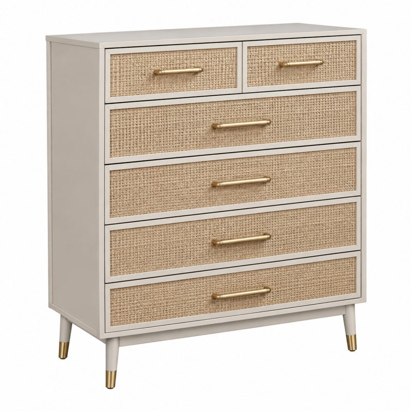 Komoda 80 x 40 x 100 cm beżowa z plecionką rattanową i 6 szufladami w stylu retro