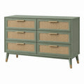 Komoda 120 x 40 x 80 cm z drewna i rattanu zielona - 6 szuflad w stylu retro