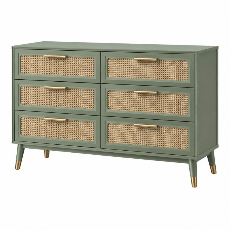 Komoda 120 x 40 x 80 cm z drewna i rattanu zielona - 6 szuflad w stylu retro